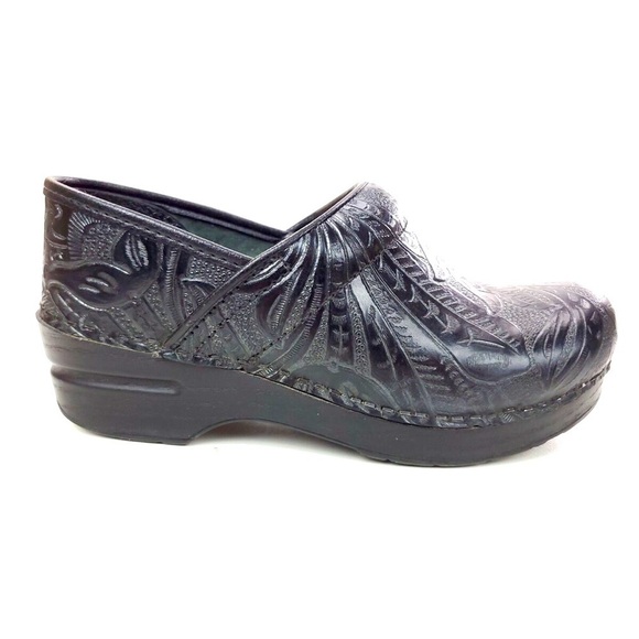 DANSKO Professional Black Floral Tooled Leather Embossed Womens Clogs 38 us 7.5 - Picture 1 of 12